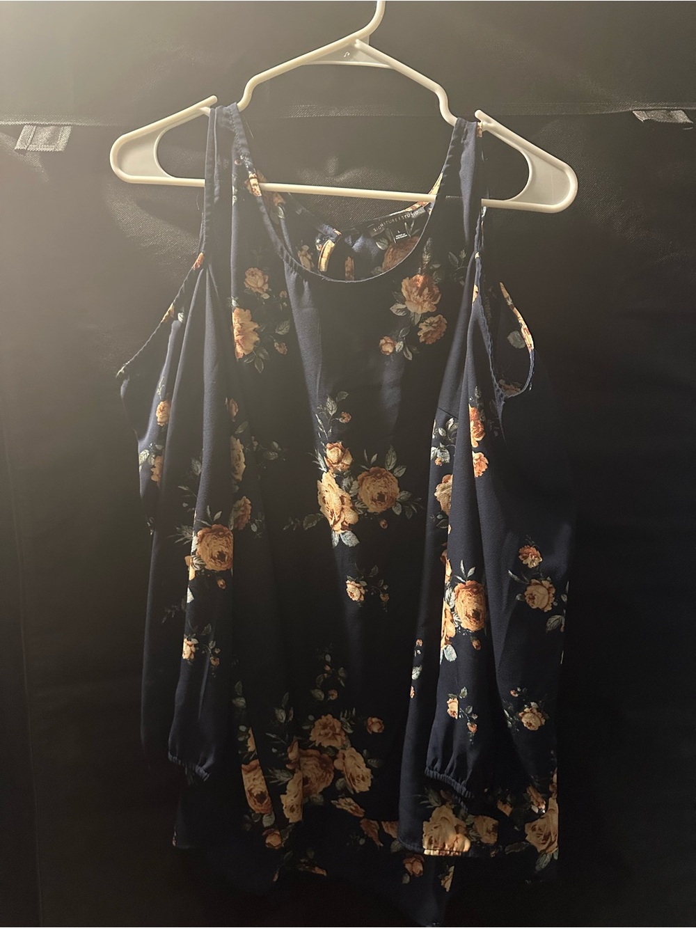 Signature Studio Navy Floral Cold-Shoulder Blouse with Yellow Roses